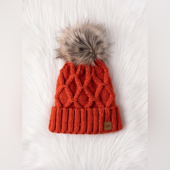 Orange Knit Beanie with Faux Fur Pom - Picture 4 of 4